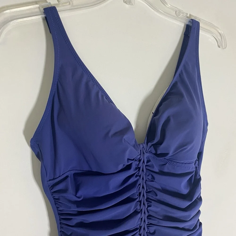 Profile By Gottex Ruched One Piece Swimsuit Womens 12 D Navy Blue Adjustable Fun